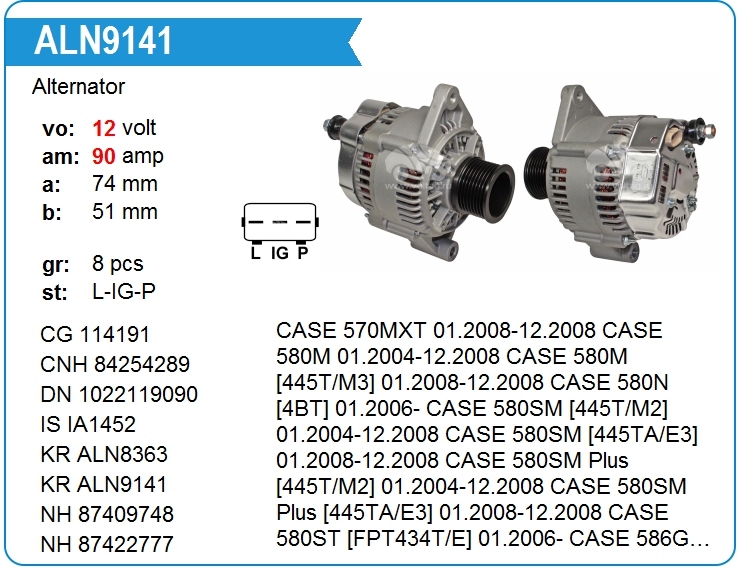 Генератор для CASE / NEW Holland / MX100C (12V, 90A)